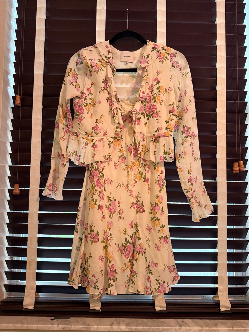 Reformation Floral Ruffle Tie-Front Women’s 2 pc - Ivory with Pink Roses